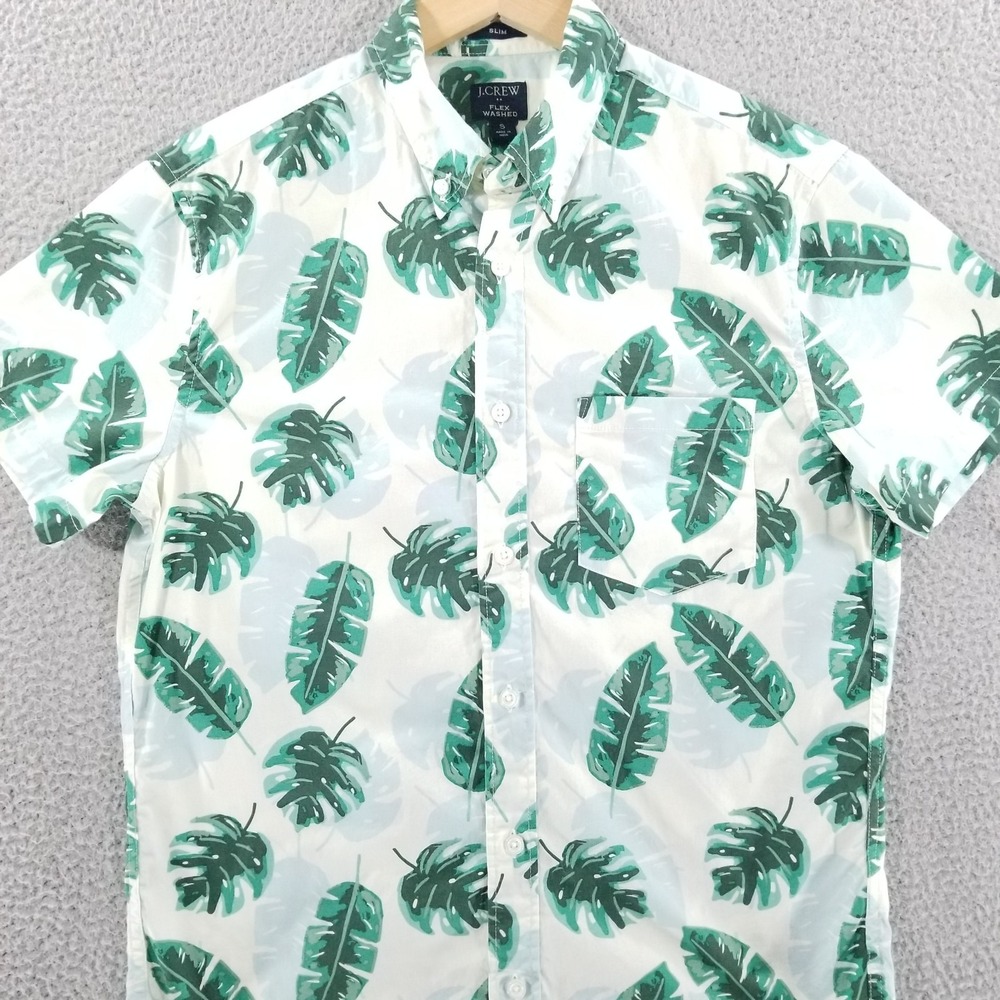 J.Crew Shirt Mens Small White Green Flex Washed Monstera Palm Leaf Floral Jungle